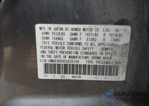 2012 Honda Fit Sport from USA, damaged, VIN JHMGE8H58CC035109